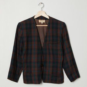 Vtg 70s Brown Plaid Wool Blazer  M